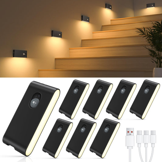 WILLED Led Nachtlicht mit Bewegungsmelder, 8 Stück Treppenlicht mit Bewegungsmelder, Aufladbar USB Nachtlicht Bewegungsmelder mit 3 Modi (Auto/ON/OFF), für Treppe, Schlafzimmer, Küche, Flur,Badezimmer