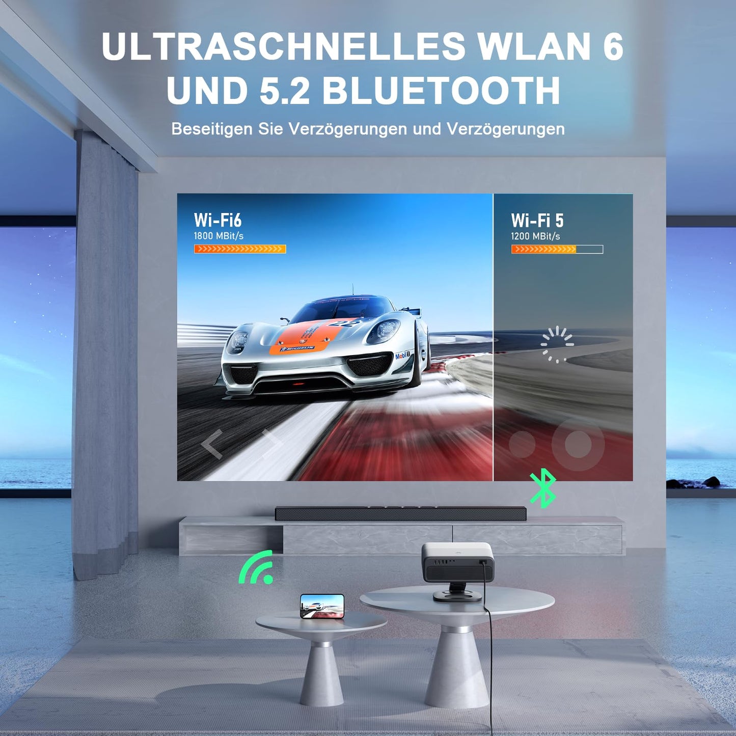 Smart Beamer 4K[Netflix Official & 3D Dolby Audio] VISSPL 28000 Lumen Autofokus/Auto Trapezkorrektur Projektor, WiFi6 Bluetooth Beamer 4K Heimkino, Outdoor Video Beamer Mit 360° Drehbarem Ständer