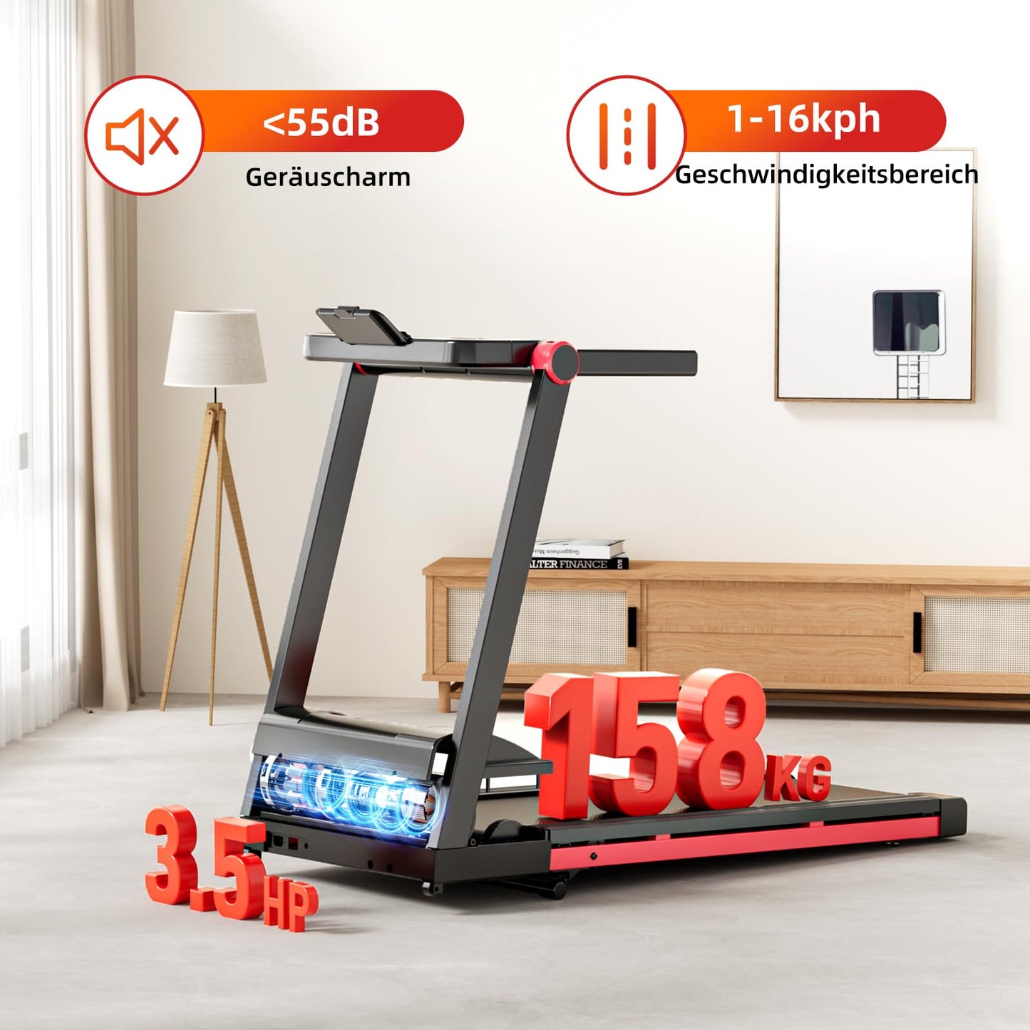 Superun Laufband für Zuhause Klappbar, Laufband mit Steigung max 158 KG mit APP, Klappbares Laufband mit Trainingskursen und Multi-Runner-Rennen