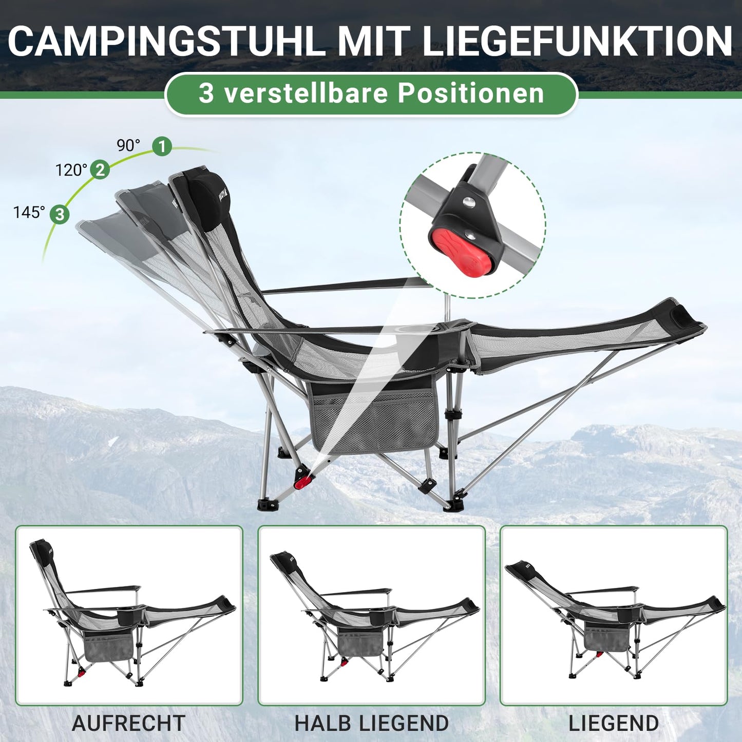 #WEJOY 2-in-1 Campingstuhl Faltbar mit Verstellbarer Rückenlehne & Fußstütze Campingstuhl Outdoor, Strandstuhl liegestuhlmit Wattepad Kissen Getränkehalter Armlehnentaschen Schwarz/Grau