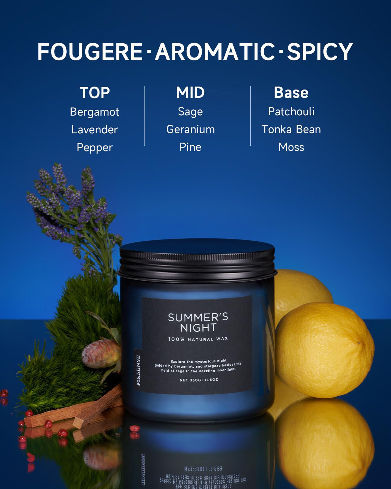 M&SENSE Sommernacht Duftkerze im Glas, Natürliche Sojakerze mit zwei Dochte, 330g große Patchouli Kerzen bis zu 70 Std. Brenndauer, Kerzengeschenke für Frauen, Männer