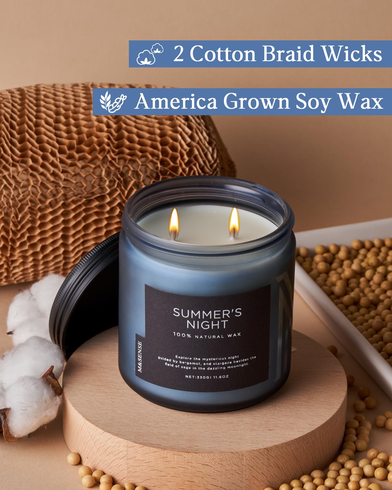 M&SENSE Sommernacht Duftkerze im Glas, Natürliche Sojakerze mit zwei Dochte, 330g große Patchouli Kerzen bis zu 70 Std. Brenndauer, Kerzengeschenke für Frauen, Männer
