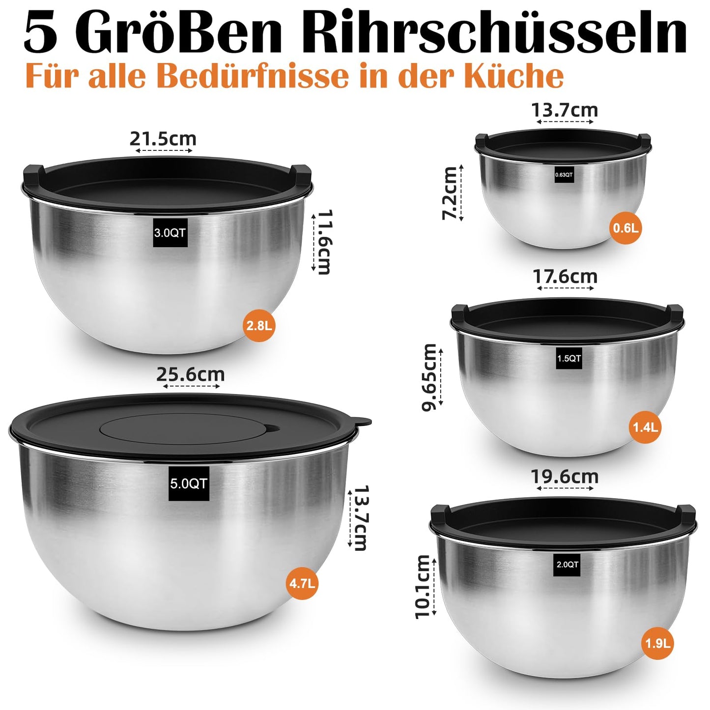 Terlulu Rührschüssel 5er Set, Edelstahl Schüssel Salatschüssel Set mit Deckel, 4.7l/2.8l/1.9l/1.4l/0.6l, Schüsselset zum Kochen/Backen/Aufbewahrung, Stapelbar & Spülmaschinenfest, inkl. Reibe