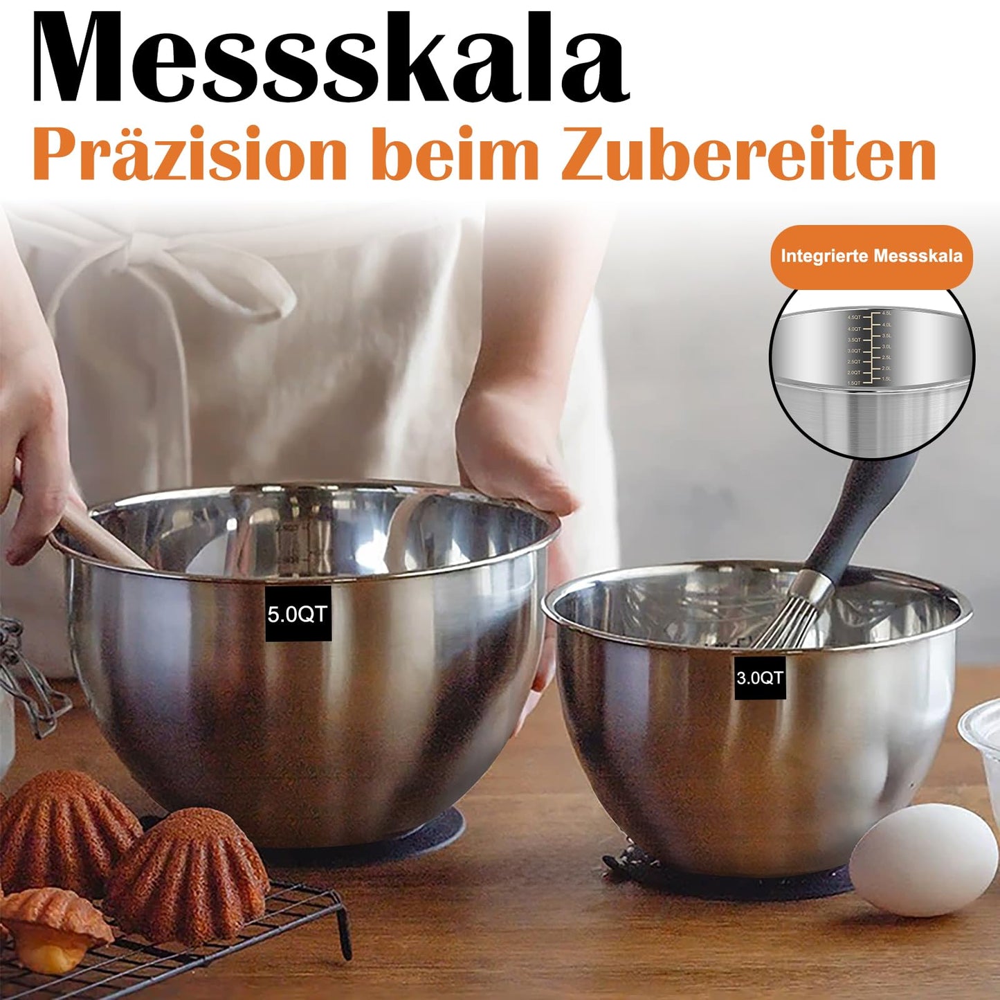Terlulu Rührschüssel 5er Set, Edelstahl Schüssel Salatschüssel Set mit Deckel, 4.7l/2.8l/1.9l/1.4l/0.6l, Schüsselset zum Kochen/Backen/Aufbewahrung, Stapelbar & Spülmaschinenfest, inkl. Reibe
