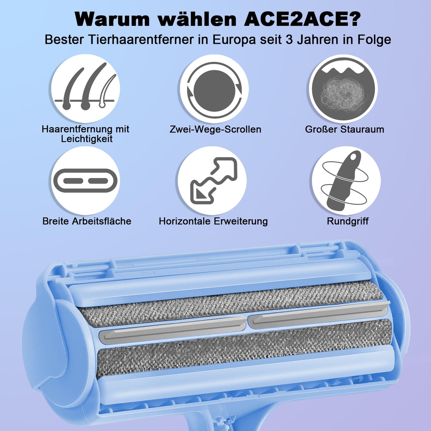 ACE2ACE Fusselrolle Tierhaare, Tierhaarentferner, Fusselbürste Tierhaare für Hundehaare und Katzenhaare, Hundehaarentferner für Sofa, Bett, Teppich, Kratzbaum, Baby blau