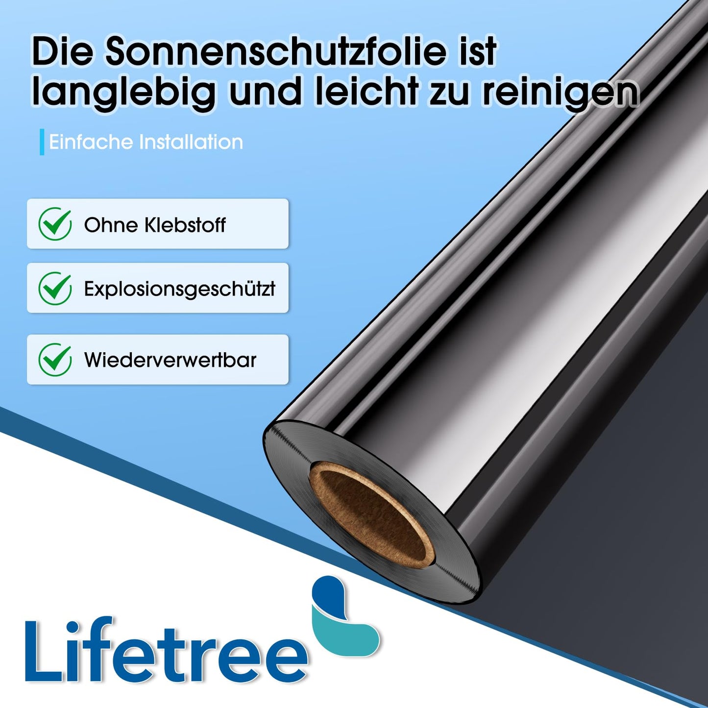 Lifetree Fensterfolie Spiegelfolie Wärmereflektion Selbstklebend Sonnenschutzfolie Wärmegrad Innen & Auße Kontrolle Anti-UV Privatsphäre Glas Fenstertönung Glatt Fensteraufkleber 75 * 300cm Silber
