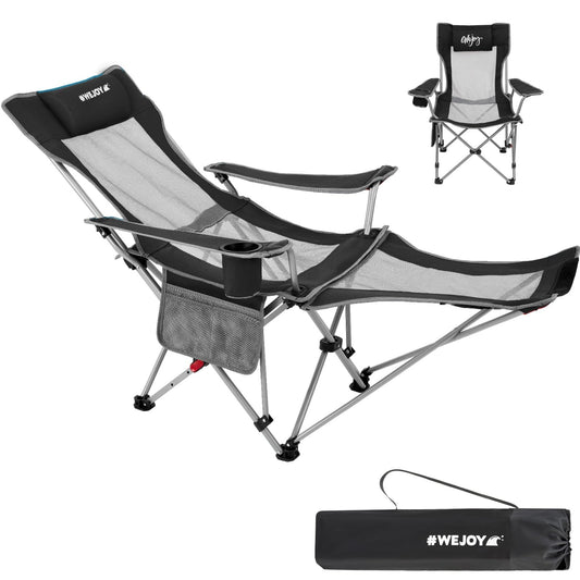 #WEJOY 2-in-1 Campingstuhl Faltbar mit Verstellbarer Rückenlehne & Fußstütze Campingstuhl Outdoor, Strandstuhl liegestuhlmit Wattepad Kissen Getränkehalter Armlehnentaschen Schwarz/Grau