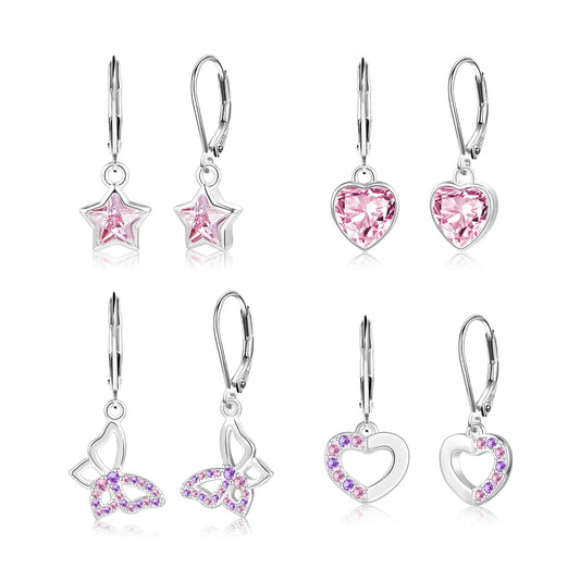 ALEXCRAFT Silber 925 Ohrringe Hängend Französische Ohrhänger Tropfenohrringe Glänz Silber 925 Creolen mit Zirkon Rosa Stein Kleine Creolen mit Herz Schmetterling Stern Anhänger Ohrringe Set Damen