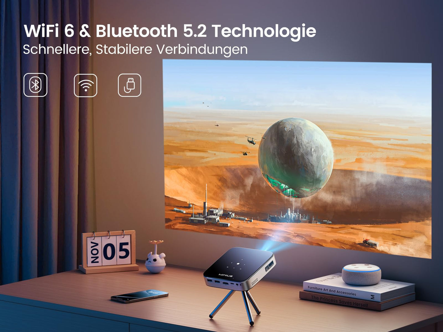 Mini Beamer, Android 11.0 DLP Ultrakurzdistanz Smart Beamer mit Akku, WiFi6 Bluetooth Portabler Beamer 1080P Full HD Unterstützung, Staubdicht Projektor Handy für Outdoor/Heimkino