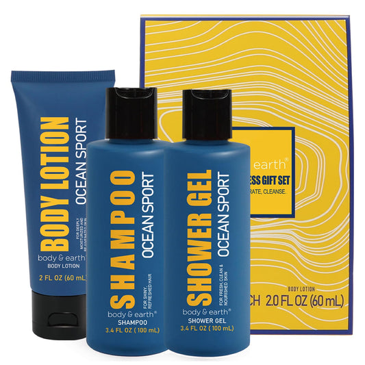 BODY & EARTH Geschenkbox zur Sportreinigung für Männer, Männer Geschenkset mit Ozean Duft, Sport Hautpflegeset für, Herren Reiseset mit Duschgel, Körperlotion, Shampoo, Vatertagsgeschenk für Papa
