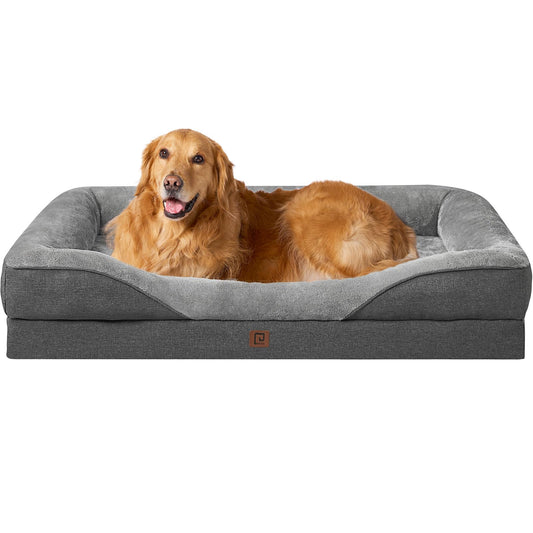 EHEYCIGA Orthopädisches Hundebett Grosse Hunde, Memory Foam Waschbar und Wasserdicht Hundekorb mit 4 Rändern, Hundesofa Hundecouch rutschfest, Grau, 106.5x76x18.5 cm