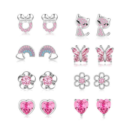 EXGOX 8Paare Hypoallergen Ohrstecker Silber925 Damen Mädchen Tiny Ohrstecker Silber AAAAA Zirkonia SterlingSilber Ohrringe Set Schmetterling Silber Ohrringe Mädchen