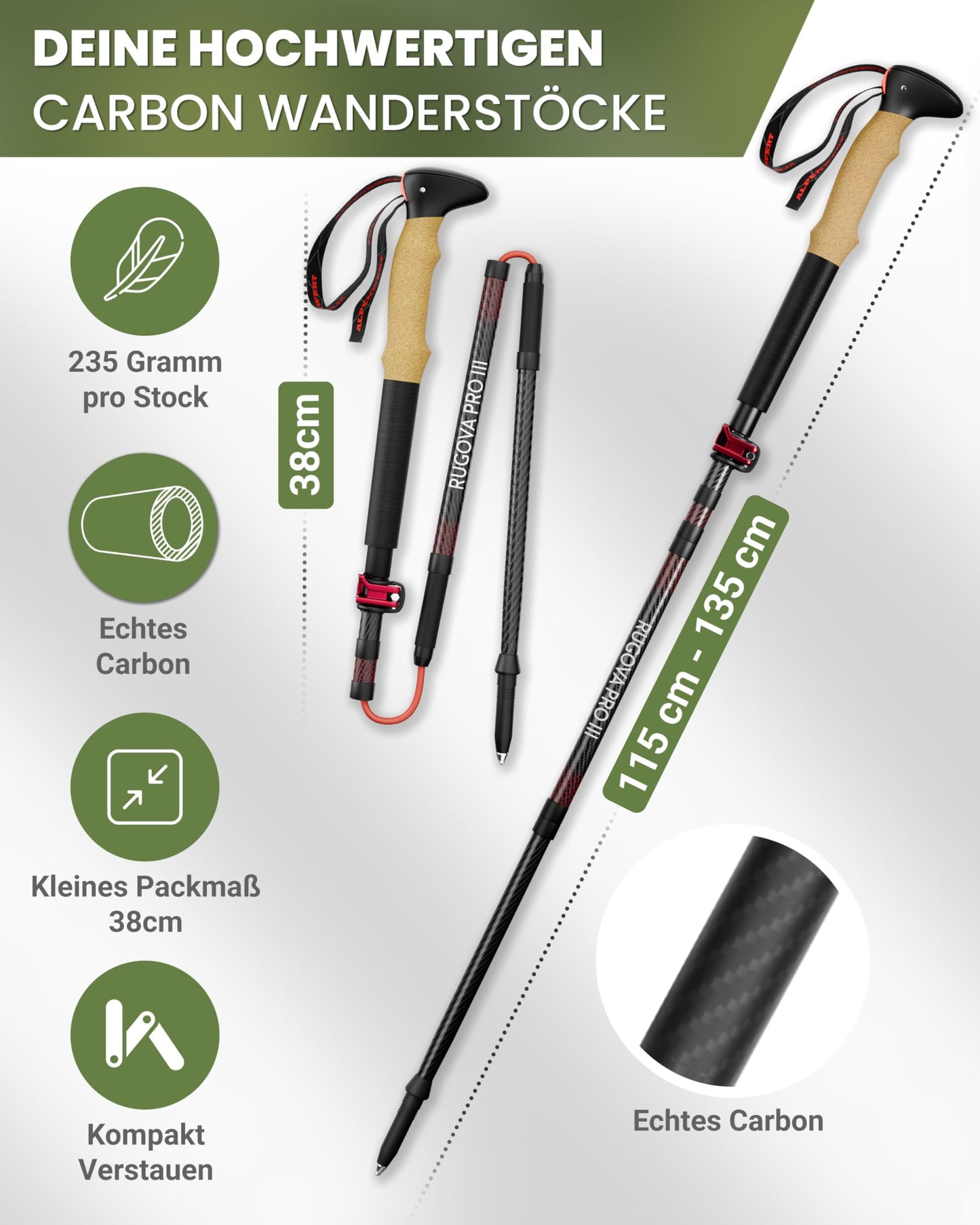 ALPENWERT Wanderstöcke faltbar [Carbon & Aluminium] Nordic Walking Stöcke Damen & Herren klappbar Trekkingstöcke – Ideal für Wandern, Trekking, UVM. (Carbon)