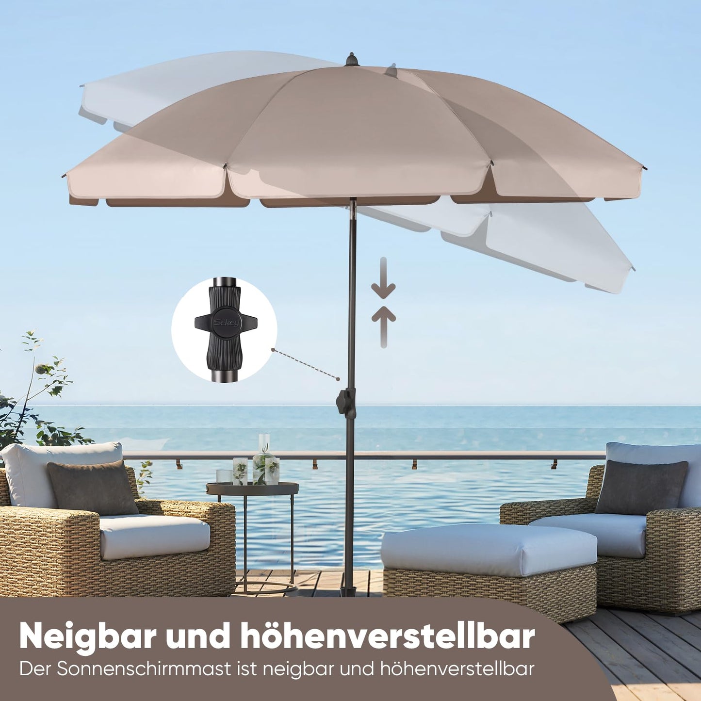 Sekey 180 cm Sonnenschirm Balkon mit Bodenhülse & Schutzhülle, Neigungs und Höhenverstellung, Sonnenschirm Strand für Balkon, Garten & Terrasse, Runder Sonnenschutz UPF 50+