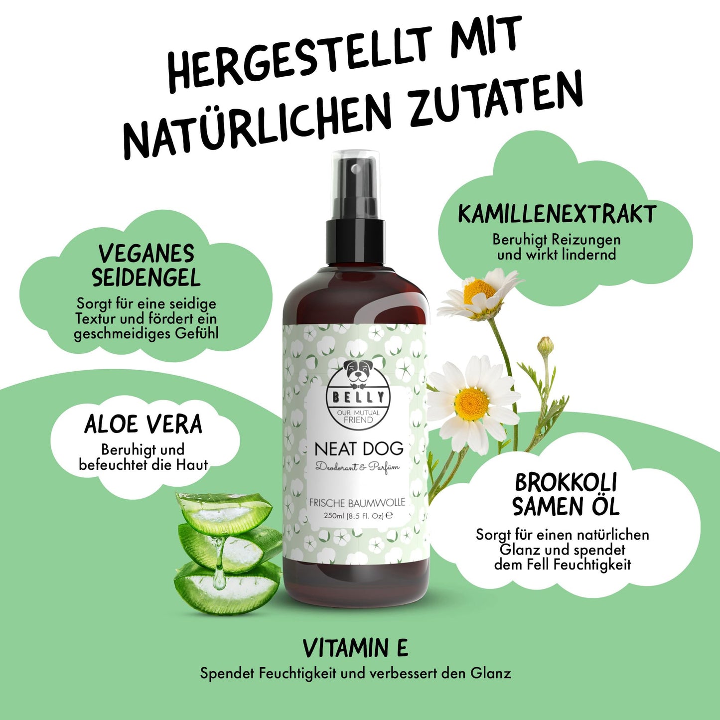 Belly® Deodorant für Hunde - 250ml - Frisches Baumwollaroma - Neutralisiert unangenehme Gerüche - pH neutral - Hundeparfüm - Hunde Parfüm, Fellpflegespray, Welpenparfum