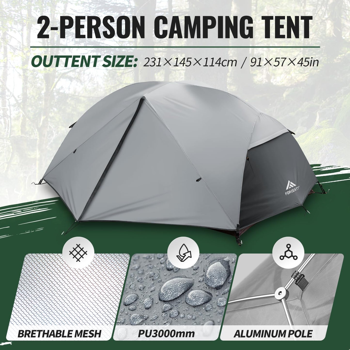 Forceatt Zelt 2 Personen Camping Zelt, 2 Doors Wasserdicht & Winddicht 3-4 Saison Ultraleichte Rucksack Zelt für Trekking, Camping, Outdoor.