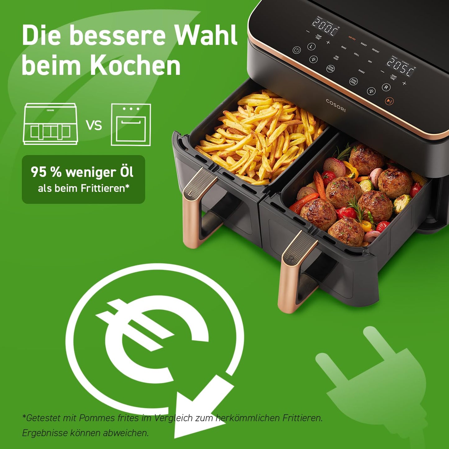 COSORI Heißluftfritteuse 2 Kammern, Testsieger der Stiftung Warentest, 6-in-1 Dual Zone Airfryer 8,5 L, Doppelkammer mit Sichtfenster für vollständige Mahlzeit, Gold