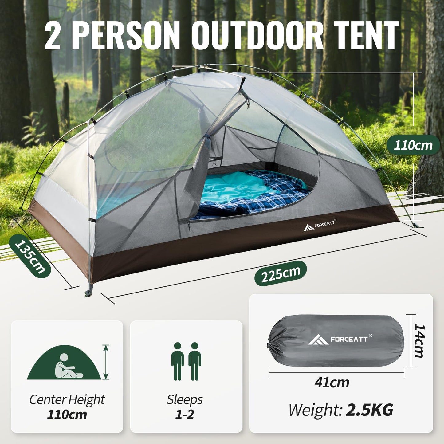 Forceatt Zelt 2 Personen Camping Zelt, 2 Doors Wasserdicht & Winddicht 3-4 Saison Ultraleichte Rucksack Zelt für Trekking, Camping, Outdoor.