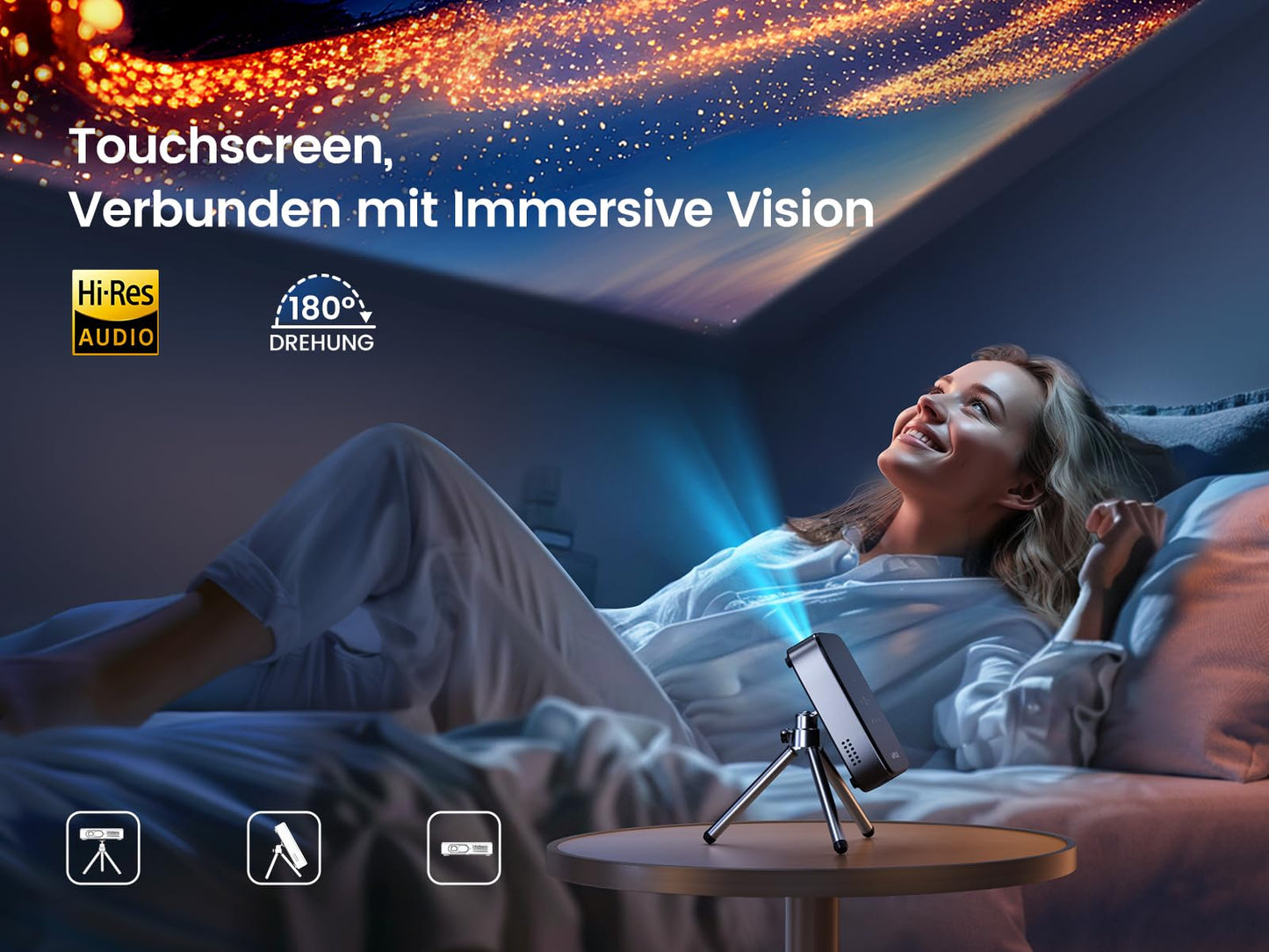 Mini Beamer, Android 11.0 DLP Ultrakurzdistanz Smart Beamer mit Akku, WiFi6 Bluetooth Portabler Beamer 1080P Full HD Unterstützung, Staubdicht Projektor Handy für Outdoor/Heimkino