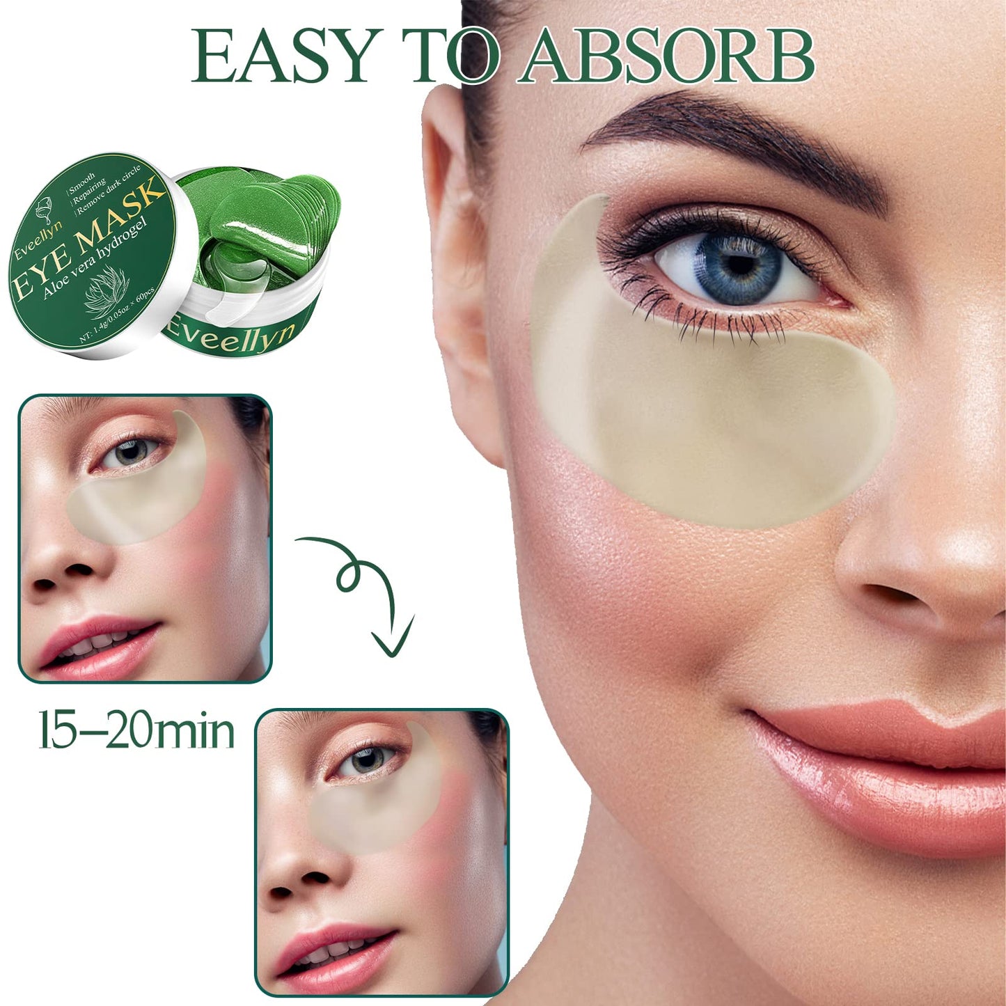 Eveellyn Augenpads, 60Pcs Augenpads Gegen Augenringe, Aloe Vera Eye Pads, Hyaluronsäure Augenmaske Augenringe Entfernen, Gegen Falten,Tränensäcke, Puffiness