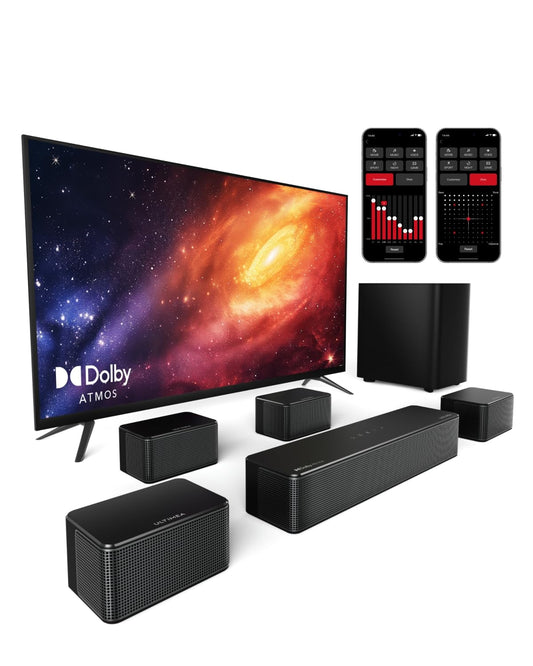 ULTIMEA 7.1 Surround Sound System für TV mit Dolby Atmos, App Steuerung, 4 kabelgebundene Surround-Lautsprecher, 460W Soundbar für Smart TV mit Wireless Subwoofer, Heimkino Sound System, Poseidon D80