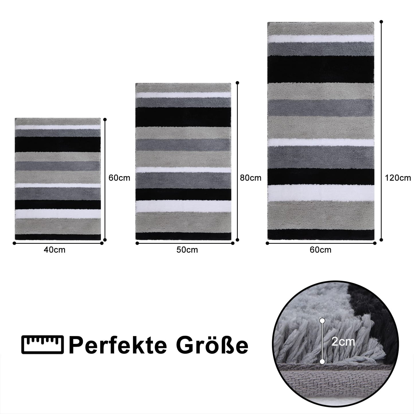 Homaxy rutschfest Badezimmerteppich Weich Hochflor Mikrofaser Badematte Saugfähige Badteppiche Waschbar Badvorleger – 40 x 120 cm, Schwarz/Grau