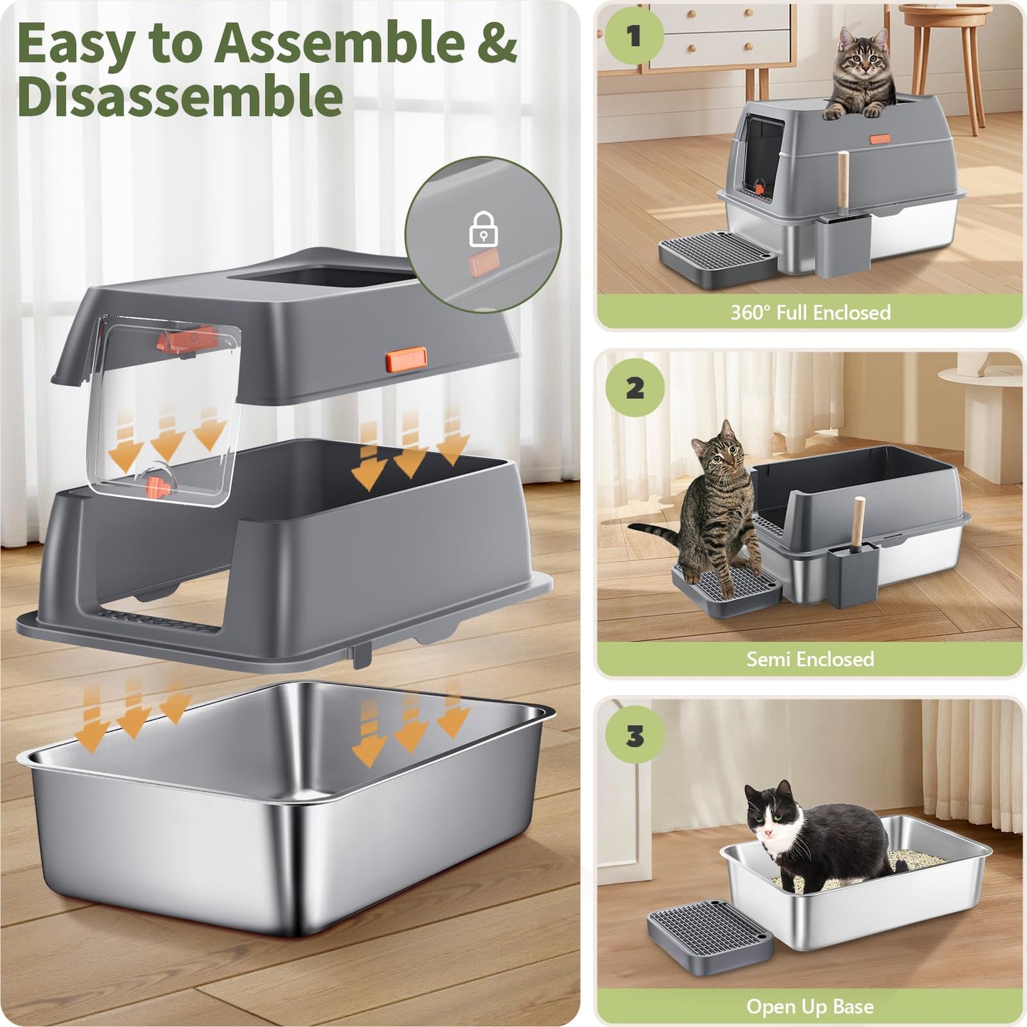 Gimars 3 in 1 Hochwandiger Anti-Auslauf Edelstahl Katzentoilette XXL mit Deckel, Extra Großes Geschlossenes Katzenklo XXL mit Schaufel, Front- und Deckeleinstieg für Mehrkatzenhaushalte