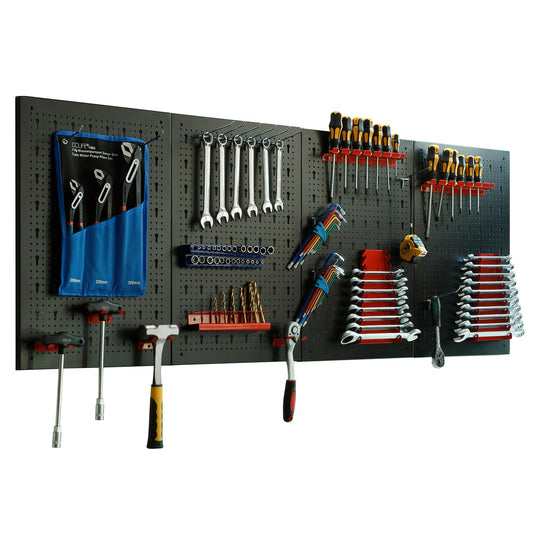 CCLIFE Werkzeugwand Lochwand 4 tlg Inkl. 52-Teiligem Metall Werkzeuglochwand Vier Teile 160 x 60 x 2 cm Erweiterbar Zubehör Wandregal Werkzeugaufbewahrung Schwarz
