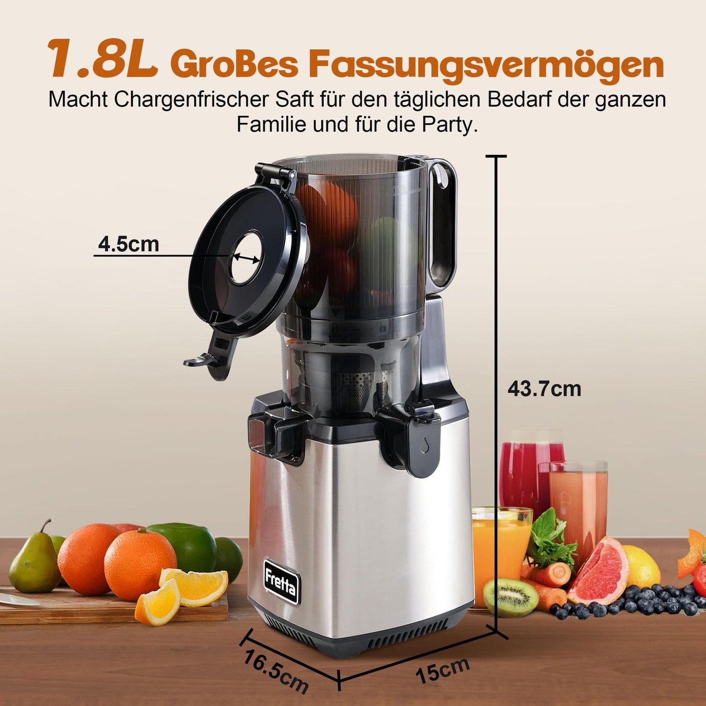 Fretta Slow Juicer Entsafter Gemüse und Obst Testsieger, 250W Edelstahl Saftpresse Elektrisch Obstpresse Kaltpresse Saftmaschine mit 135mm Großem Öffnung, Leicht zu Reinigen, Umkehrfunktion, BPA Frei