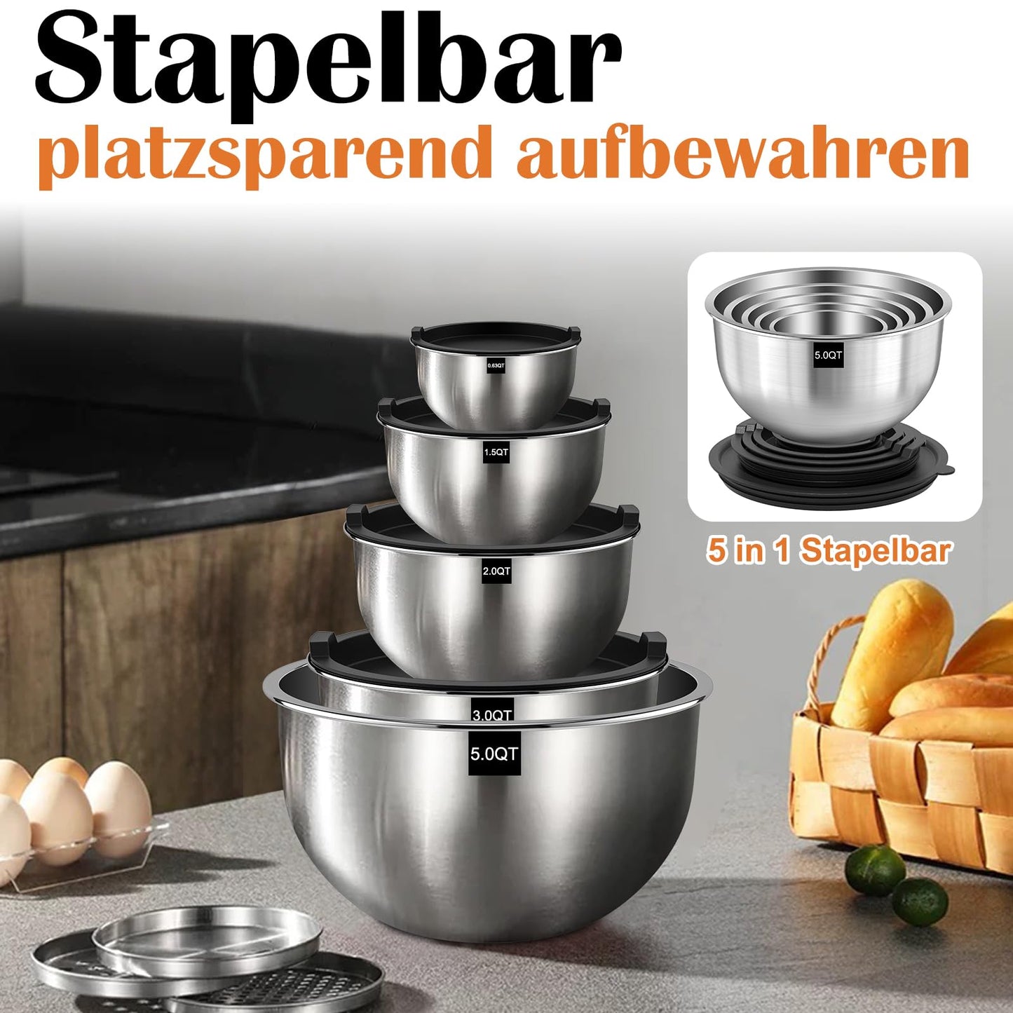 Terlulu Rührschüssel 5er Set, Edelstahl Schüssel Salatschüssel Set mit Deckel, 4.7l/2.8l/1.9l/1.4l/0.6l, Schüsselset zum Kochen/Backen/Aufbewahrung, Stapelbar & Spülmaschinenfest, inkl. Reibe