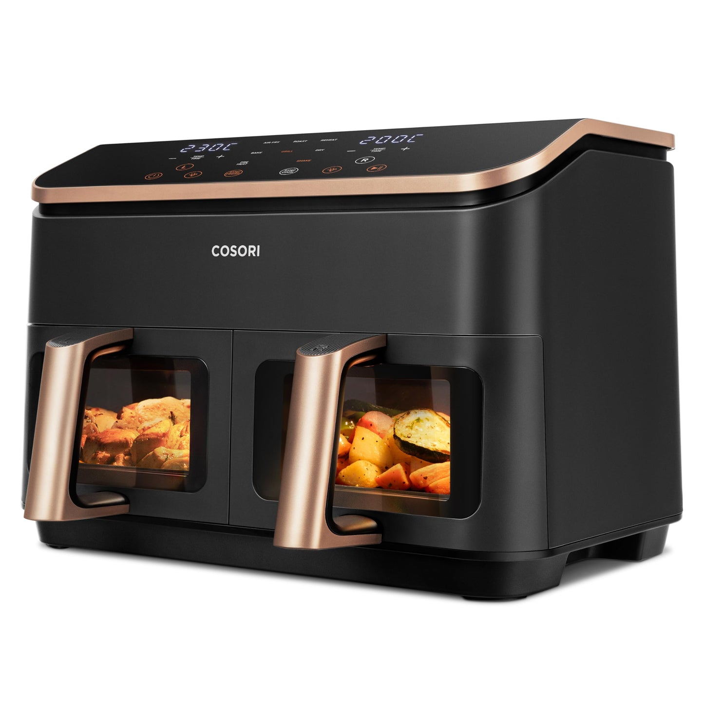 COSORI Heißluftfritteuse 2 Kammern, Testsieger der Stiftung Warentest, 6-in-1 Dual Zone Airfryer 8,5 L, Doppelkammer mit Sichtfenster für vollständige Mahlzeit, Gold