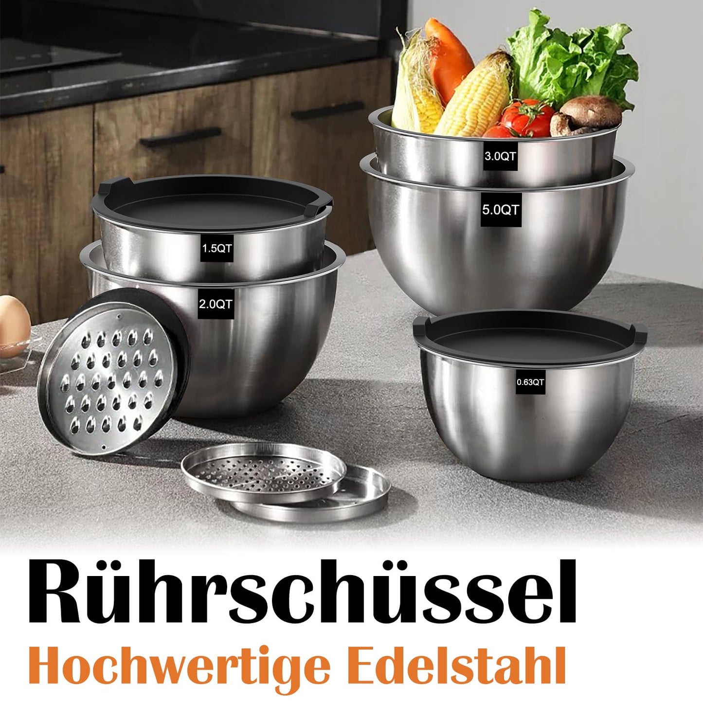 Terlulu Rührschüssel 5er Set, Edelstahl Schüssel Salatschüssel Set mit Deckel, 4.7l/2.8l/1.9l/1.4l/0.6l, Schüsselset zum Kochen/Backen/Aufbewahrung, Stapelbar & Spülmaschinenfest, inkl. Reibe