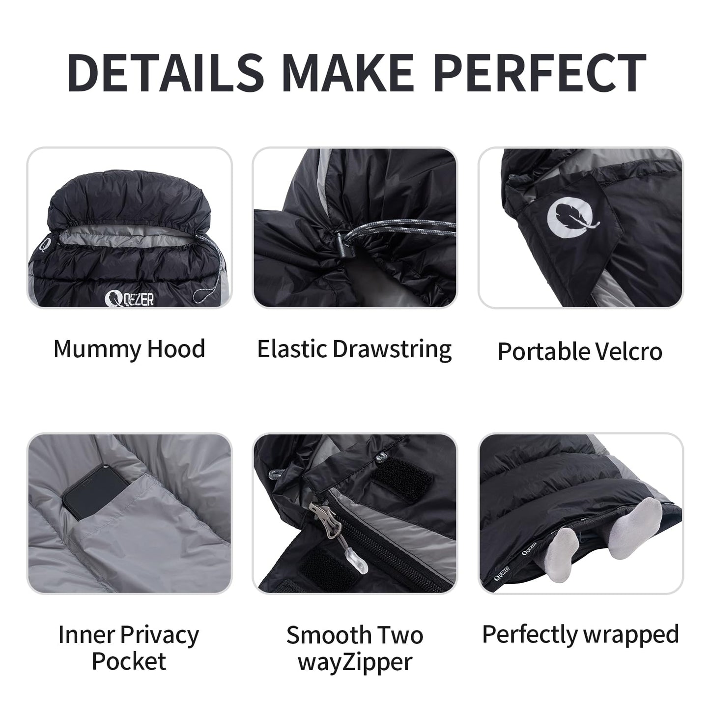 QEZER Daunenschlafsack Ultraleicht Schalfack mit Premium Daunen 8C° bis -3C° [1080 g] für Camping Wandern und Trekking Outdoor 4 Jahreszeiten (Grau)