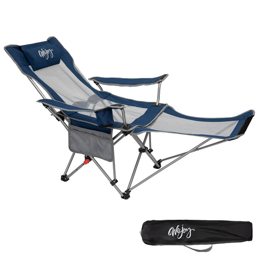 #WEJOY 2-in-1 Campingstuhl Faltbar, Strandstuhl mit Verstellbarer Rückenlehne & Fußstütze Angelstuhl Campingstühle für Erwachsene mit Wattepad Kissen Getränkehalter Armlehnentaschen Marine/Grau