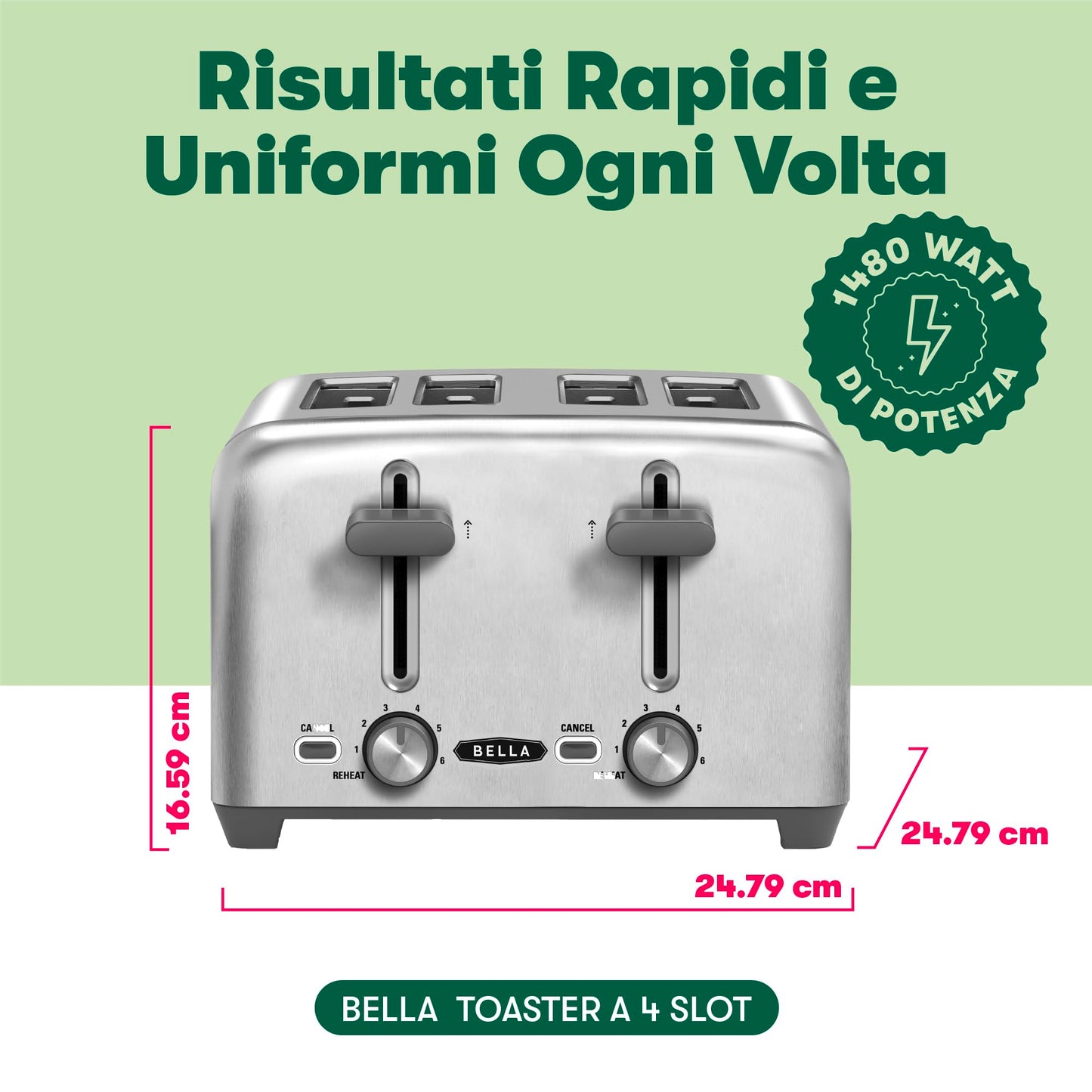 BELLA 4-Scheiben-Toaster mit extra breiten Toastschlitzen und herausnehmbarem Krümelfach – 6 Bräunungsstufen, Abschaltautomatik und Aufwärmfunktion – Toastbrot, Bagel und Waffeln