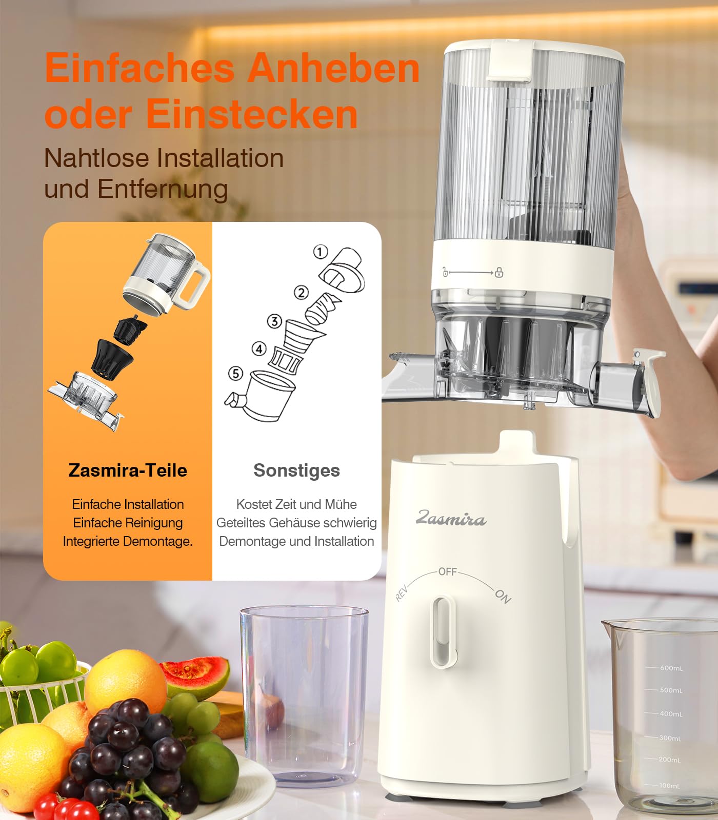 Zasmira Entsafter, Entsafter Slow Juicer mit hohem Drehmoment und 120MM-Einfüllschacht, Kein Vorschneiden entsafter für gemüse und obst, 99,6 % Saftreinheit, 1,5L, REV-Modus, einfacher zu reinigen