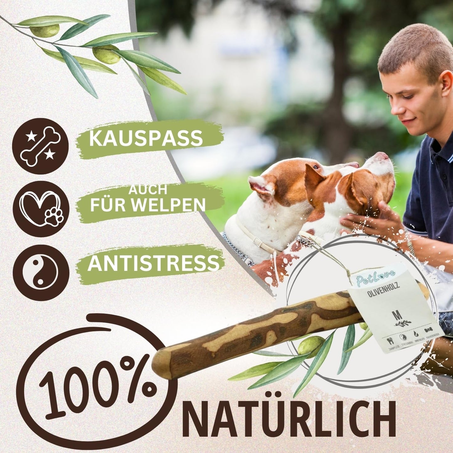 PetLove Kauholz für Hunde aus Olivenholz • Holzknochen als Hundespielzeug • Kauknochen als Zahnpflege & Kauspielzeug für Hund • Größe: S (60-99g) • Ideal für Welpen & kleine Hunde