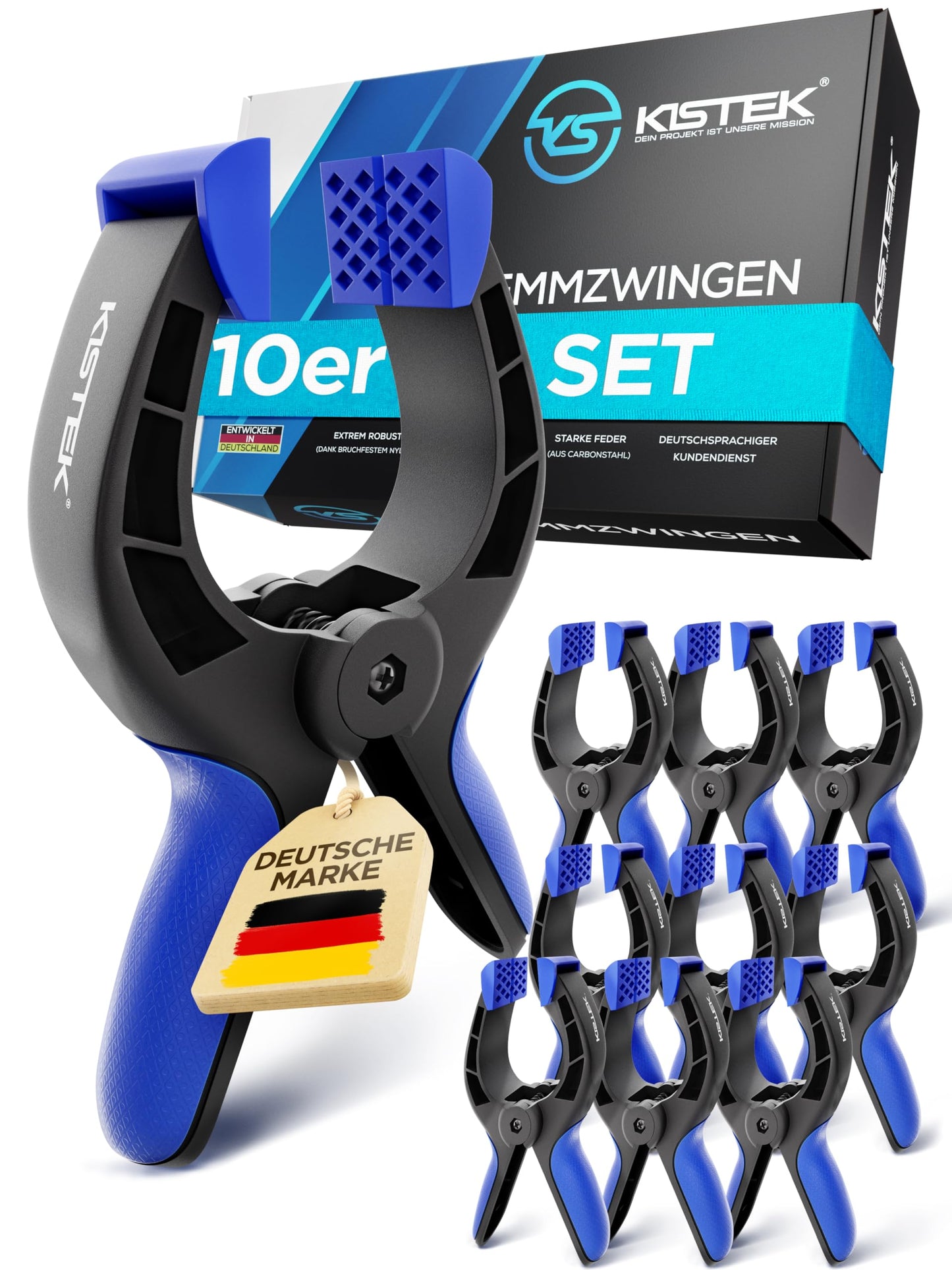 KISTEK® Klemmzwingen Set [10 Stück] - Federklemmen mit über 8cm Spannweite und starker Spannkraft - Klammern zum Leimen von Holz, Metall, etc. - Ideal zum Klemmen bei Fotografie, Pool & Werkstatt
