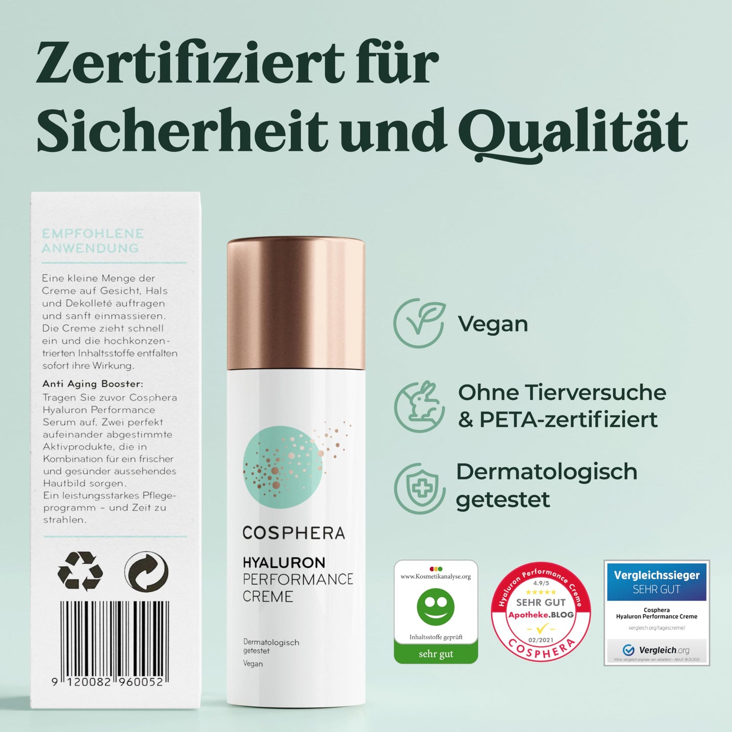Cosphera - Hyaluron Performance Creme 50 ml - vegane Tages- und Nachtcreme hochdosiert für Gesicht, Hals, Dekolleté, Augen - Anti-Falten Feuchtigkeitsbehandlung für Frauen und Männer