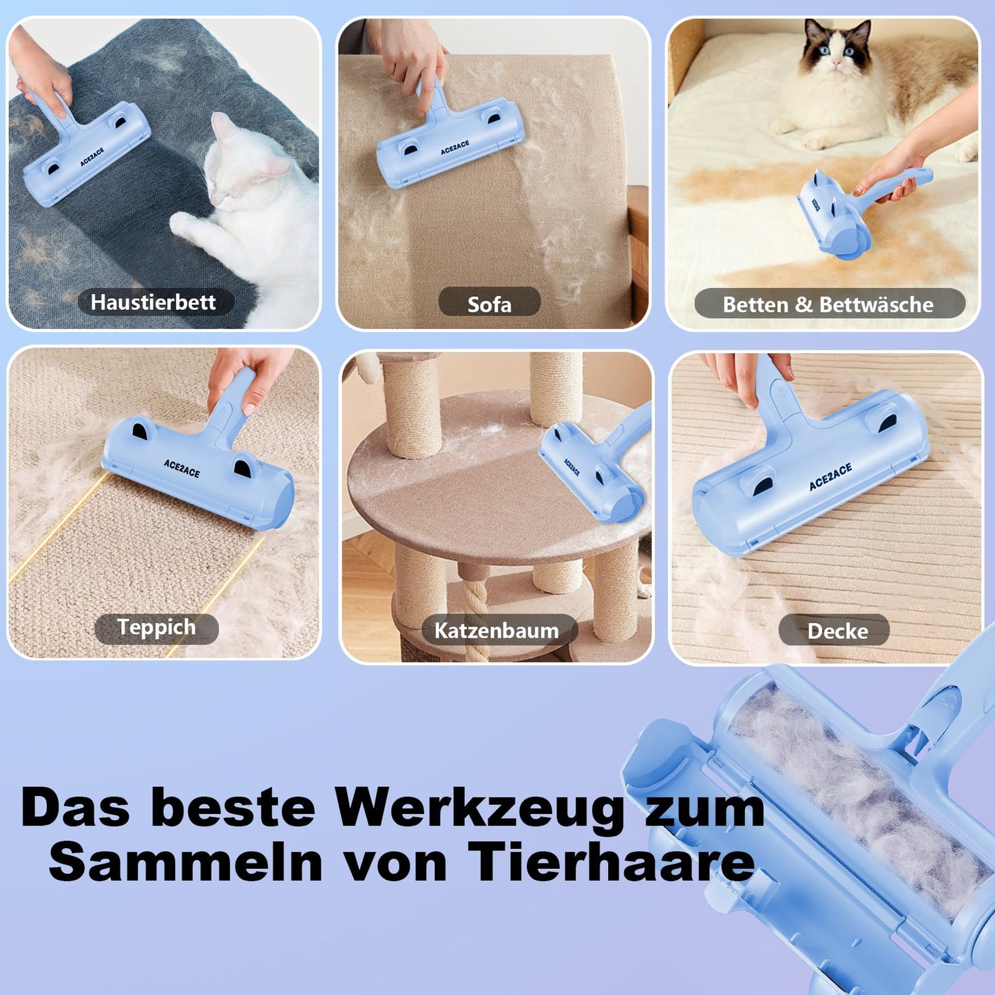 ACE2ACE Fusselrolle Tierhaare, Tierhaarentferner, Fusselbürste Tierhaare für Hundehaare und Katzenhaare, Hundehaarentferner für Sofa, Bett, Teppich, Kratzbaum, Baby blau