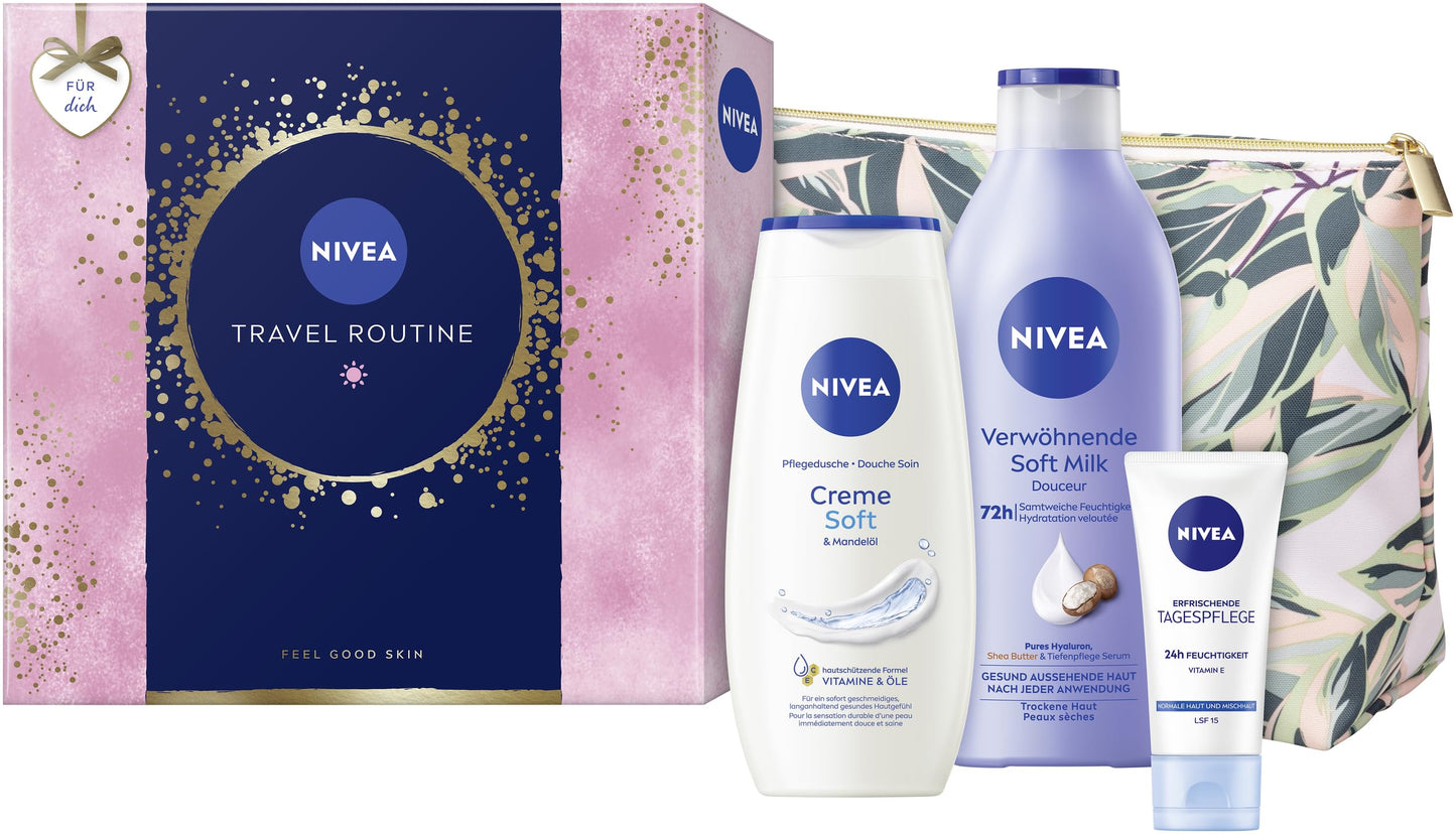 NIVEA Travel Routine Geschenkset, verwöhnendes Pflegeset mit NIVEA Pflege-Favoriten, Geschenkbox mit Pflegedusche, Body Lotion, Gesichtscreme und Kulturbeutel