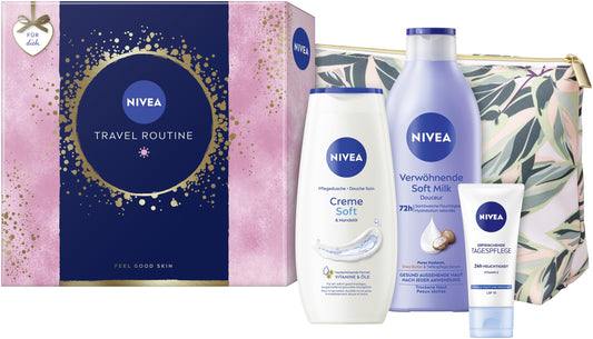 NIVEA Travel Routine Geschenkset, verwöhnendes Pflegeset mit NIVEA Pflege-Favoriten, Geschenkbox mit Pflegedusche, Body Lotion, Gesichtscreme und Kulturbeutel