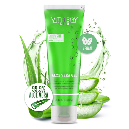 Vitabay Aloe Vera Gel 100 Prozent (99.9%) 250ml - Aloe Vera After Sun Lotion Gesicht Sonnenbrand - Aloe Vera Gesichtscreme Herren Naturkosmetik - Aloe Vera Saft Salbe Feuchtigkeitscreme Gesicht Männer