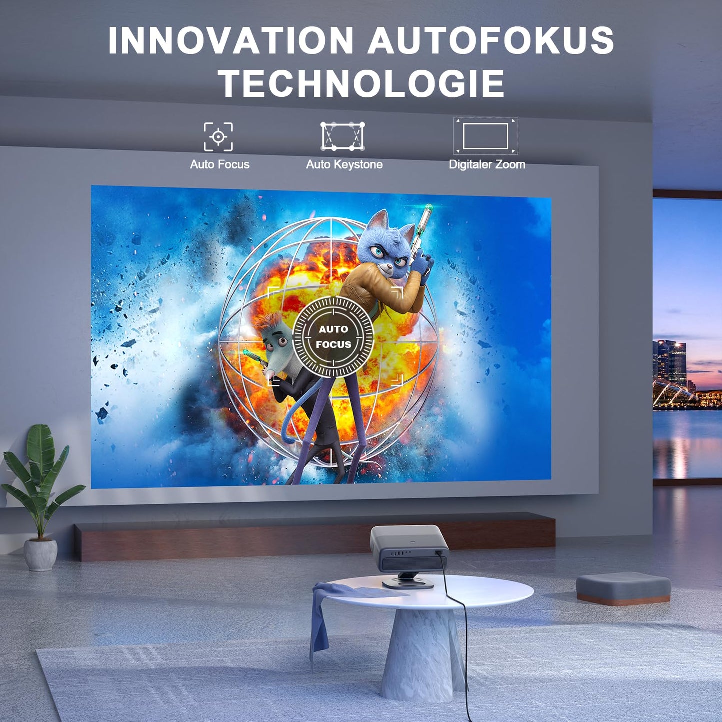 Smart Beamer 4K[Netflix Official & 3D Dolby Audio] VISSPL 28000 Lumen Autofokus/Auto Trapezkorrektur Projektor, WiFi6 Bluetooth Beamer 4K Heimkino, Outdoor Video Beamer Mit 360° Drehbarem Ständer