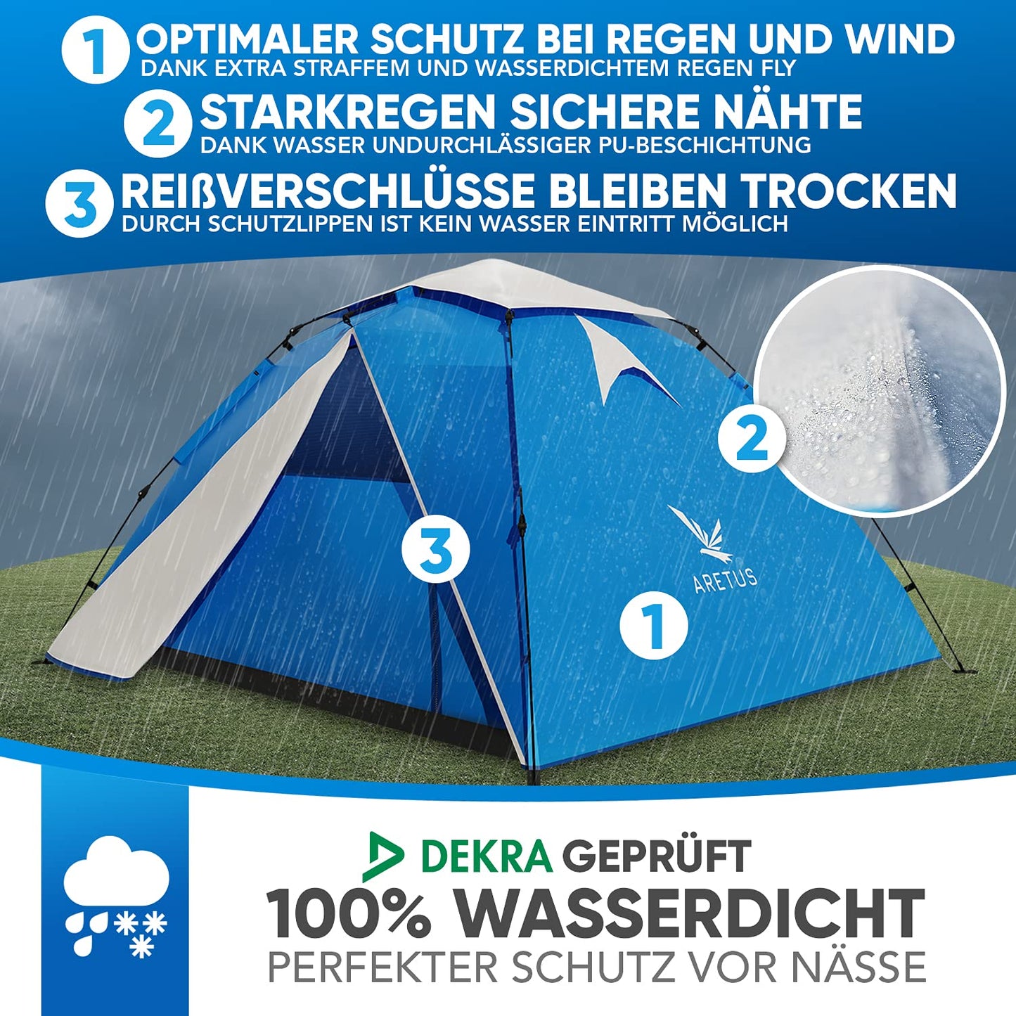 Aretus - Wurfzelt 2-4 Personen AUF-ABBAU IN 45 Sekunden -Extra Groß & Wasserdicht- Pop up Zelt 3 Person automatik Wurfzelt 3 Personen Mann zelte