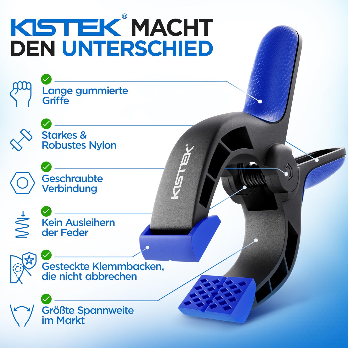 KISTEK® Klemmzwingen Set [10 Stück] - Federklemmen mit über 8cm Spannweite und starker Spannkraft - Klammern zum Leimen von Holz, Metall, etc. - Ideal zum Klemmen bei Fotografie, Pool & Werkstatt