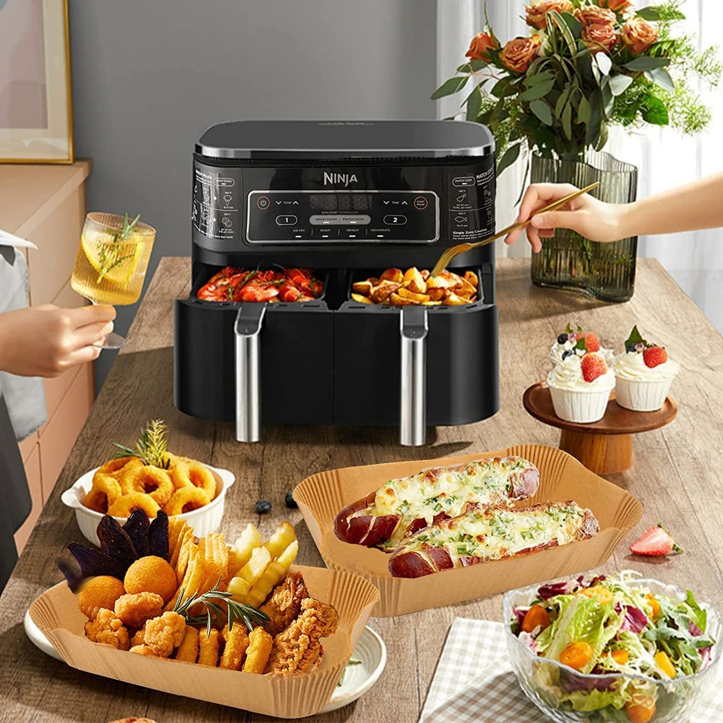 Backpapier für Heißluftfritteuse mit Doppelkammer, HONYAO 100 Stück 20,5x14cm Rechteckig Airfryer Papier Liners kompatibel mit Ninja Dual/Double Stack, und Anderen Dual Zone Air Fryer
