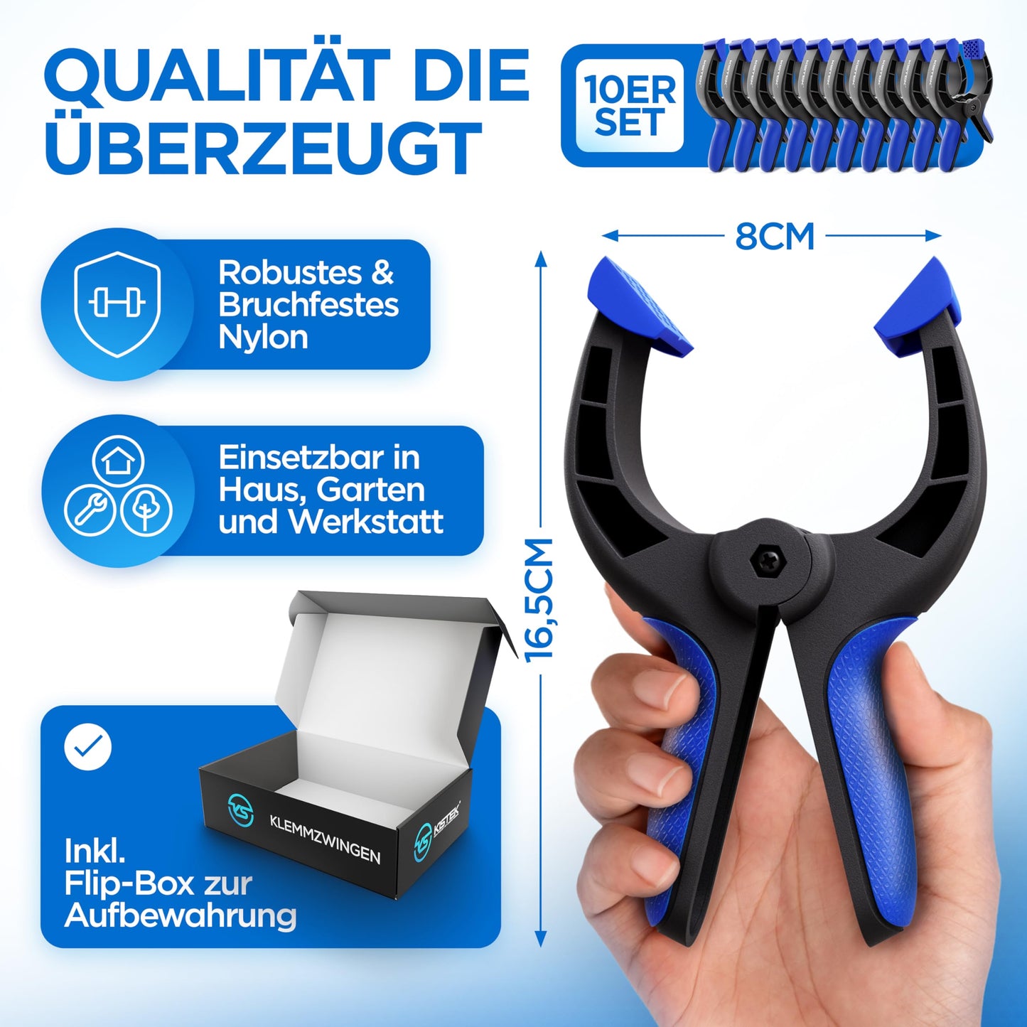 KISTEK® Klemmzwingen Set [10 Stück] - Federklemmen mit über 8cm Spannweite und starker Spannkraft - Klammern zum Leimen von Holz, Metall, etc. - Ideal zum Klemmen bei Fotografie, Pool & Werkstatt