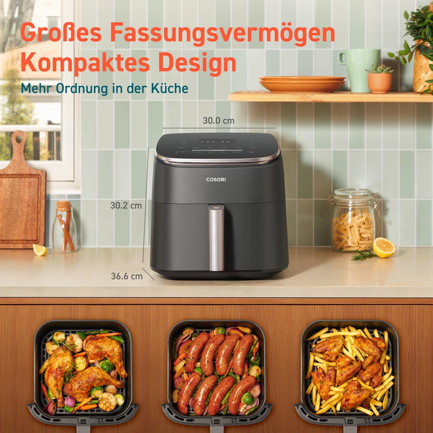 Cosori Turboblaze Airfryer Heißluftfritteuse, 9-in-1 Air Fryer XXL 6L, leiser DC Motor mit 5 Geschwindigkeitsstufen, Grillen, Backen, Gären, Dehydrieren, Tiefkühlen, 87 Rezepte, 64% energiesparend