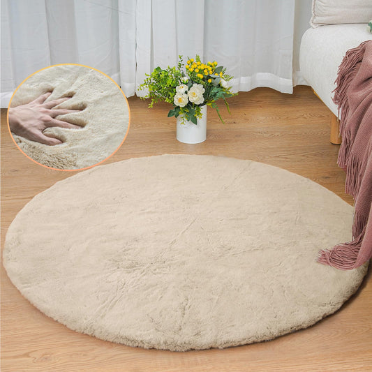 ORINOVA Teppich Beige Rund Waschbar Flauschig 90 cm Kunstfell Teppich Wohnzimmer Schlafzimmer Kinderzimmer Kurzflor Fellteppich Deko Kuschelig